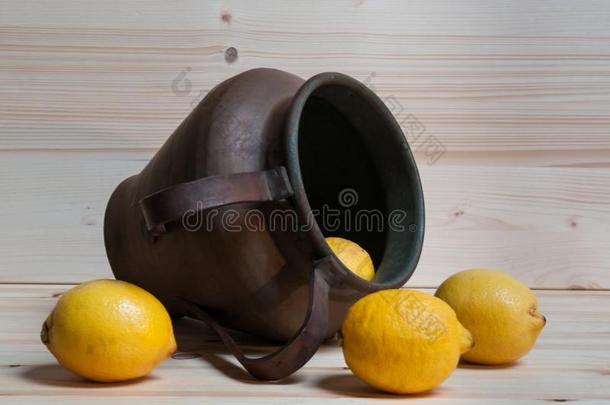 det.一些柠檬和一老的铜双耳细颈椭圆土罐