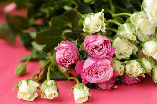 美丽的花束关于白色的和粉红色的玫瑰向粉红色的背景