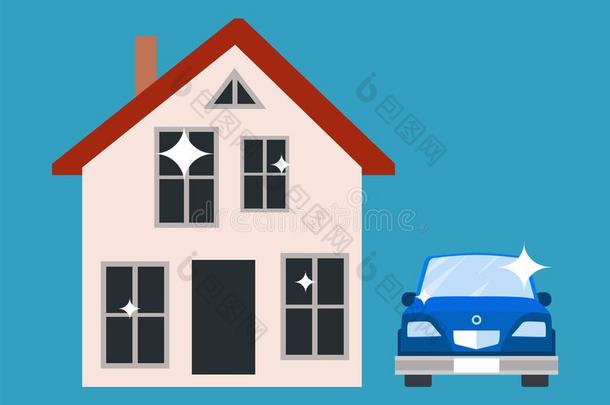 房屋和蓝色<strong>汽车海报</strong>矢量说明