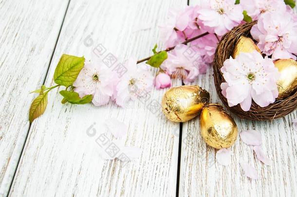 复活节卵和樱花花