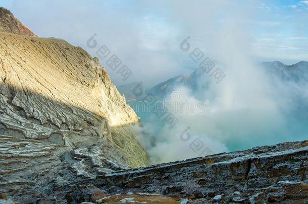 看法从伊根火山口,硫磺烟气在卡瓦伊根,人声采用indication指示