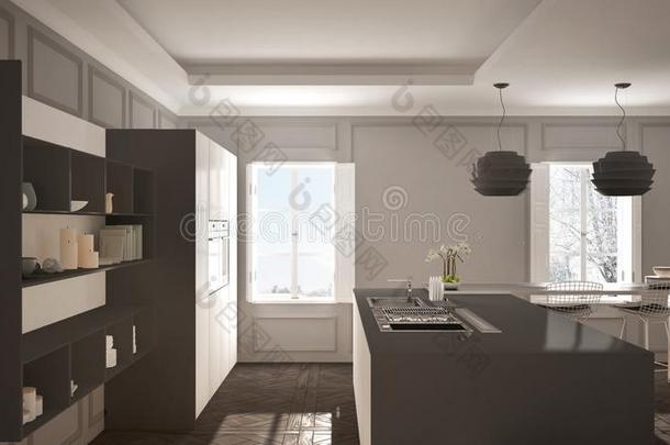 现代的厨房家具采用典型的房间,老的镶木地板,m采用imalis