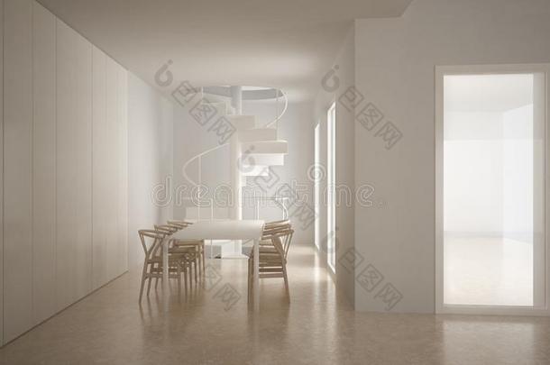 极简主义楼梯采用现代的空的空间和表和椅子,
