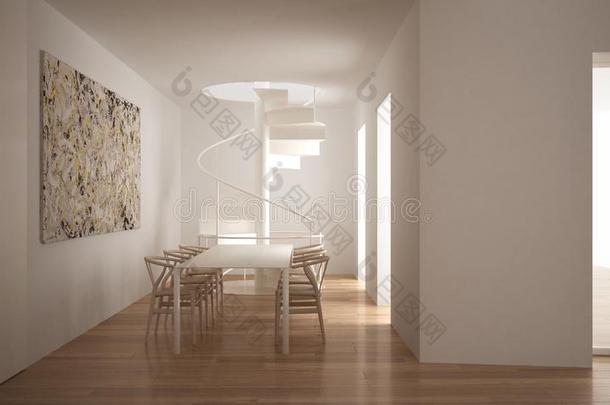 极简主义楼梯采用现代的空的空间和表和椅子,