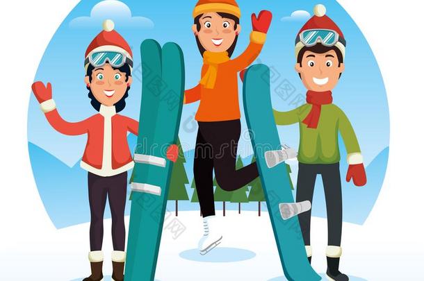 冬有关运动的年轻人和滑雪板和滑雪板