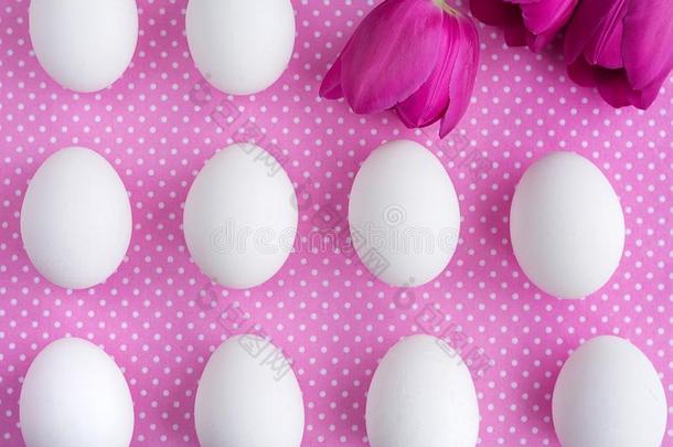 白色的卵和粉红色的花向波尔卡舞点织物