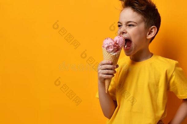 婴儿男孩小孩吃草莓冰乳霜采用蛋奶烘饼圆锥体s乳霜i