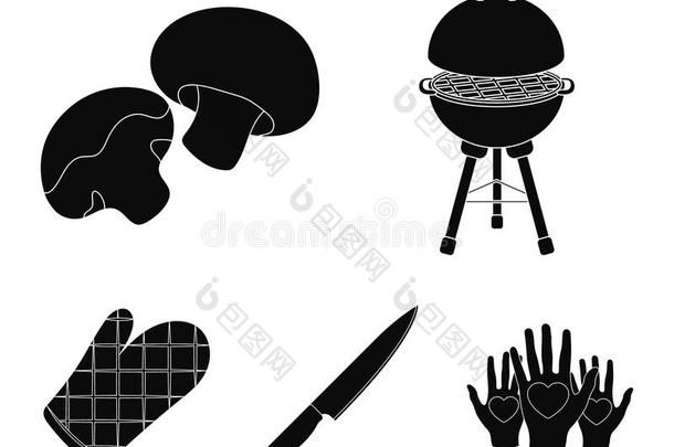 户外烧烤烧烤,食用香草,刀,烤架连指手套.barbecue吃烤烧肉的野餐放置collect收集