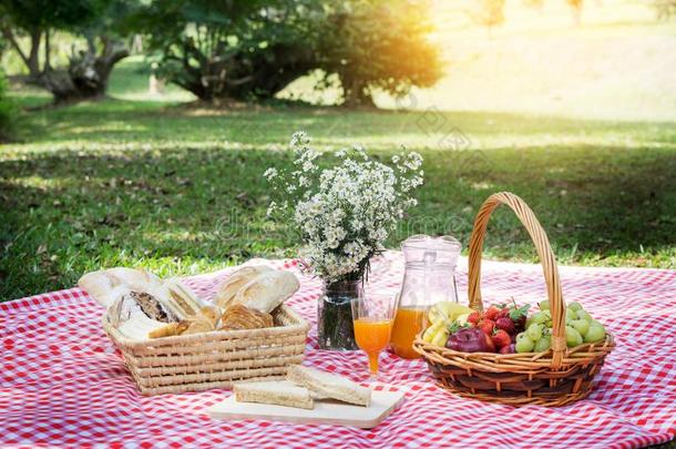 野餐郊游午餐餐在户外公园食物观念,特写镜头关于野餐郊游