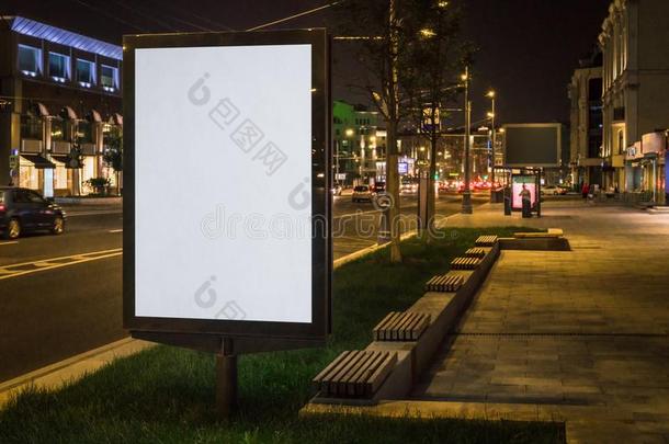 垂直的空白的灼热的广告牌向夜城市大街.采用后面