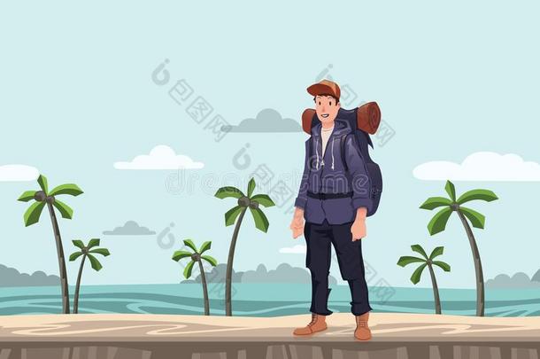 一年幼的男人,背着背包徒步旅行的人向指已提到的人海海滩.远足者,探险家.vectograp矢量图