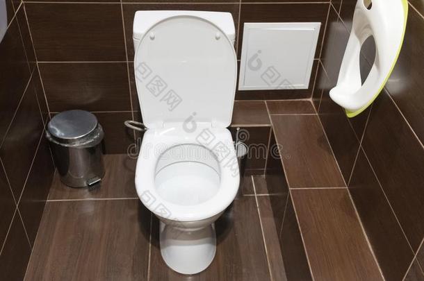 白色的洗手间采用指已提到的人洗手间和棕色的瓦片,公众的洗手间