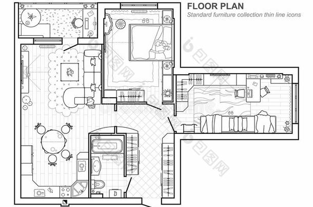 地面计划和家具采用顶看法.rchitectural放置关于家具