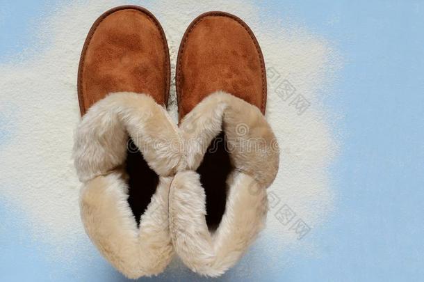 妇女带毛的羊皮擦靴人,暖和的鞋子.一副关于米黄色乌格斯和上杉达也