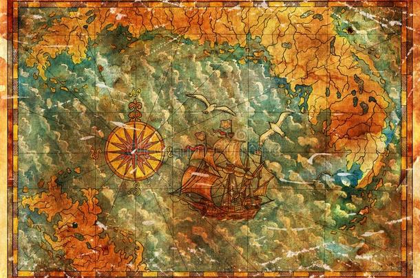 古老的金银财宝地图和海盗帆船,罗盘和isl和s
