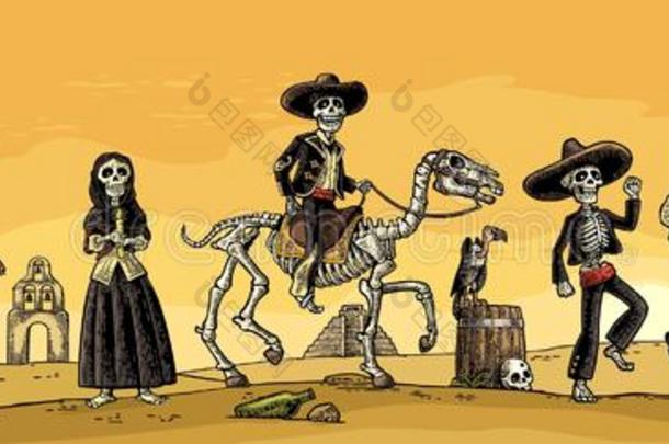 骨架墨西哥人戏装跳舞和比赛指已提到的人吉他,小提琴,超铀元素处理工厂