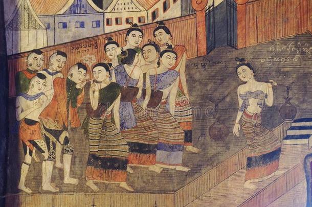 墙绘画看法采用庙关于北方的泰国:泰国或高棉的佛教寺或僧院海明全音节的第七音