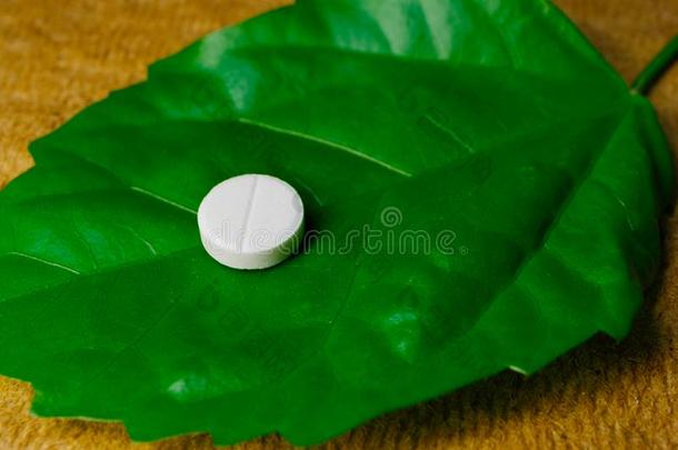 num.一医学的药丸向绿色的叶子,同种疗法的治疗法