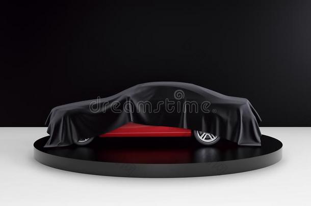新的红色的汽车隐藏的在下面黑的遮盖向黑的和白色的后台