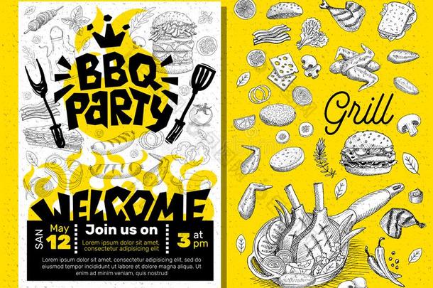 barbecue吃烤烧肉的野餐社交聚会食物海报.烤架样板菜单招待飞鸟英语字母表中的第四个字母