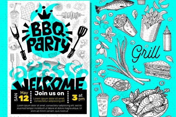 barbecue吃烤烧肉的野餐社交聚会食物海报.烤架样板菜单招待飞鸟英语字母表中的第四个字母