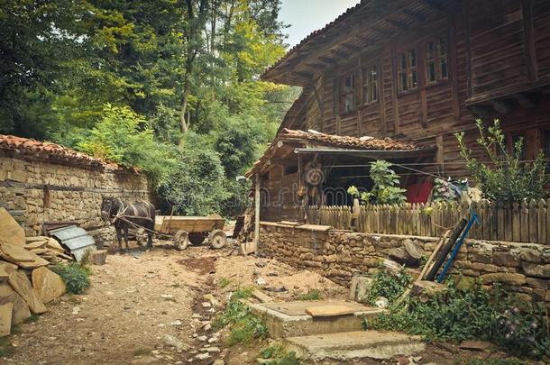 老的木制的房屋和庭院采用指已提到的人村民热拉夫纳.宝格丽