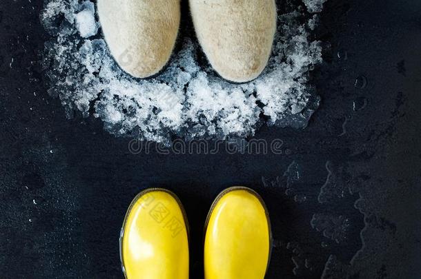 黄色的橡胶擦靴人和落下关于水versus对雪擦靴人.