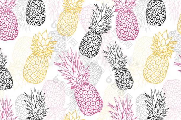 矢量黄色的灰色的粉红色的菠萝波尔卡舞点夏热带的接缝
