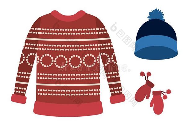 冬衣服和红色的羊毛毛衣和蓝色羊毛盖和羊毛