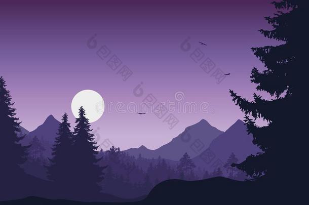 山风景和森林,在下面一紫色的天和飞行的英语字母表的第2个字母