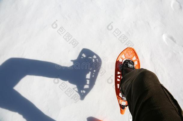 男人步态和<strong>灯芯</strong>绒短裤和雪鞋向指已提到的人白色的雪