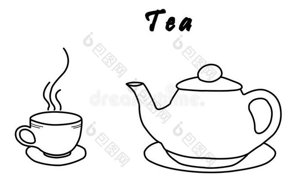 茶水壶和茶水杯子向白色的背景