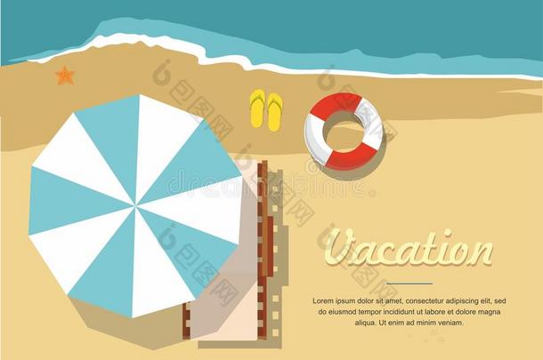 夏假期和旅游.轻便马车休息厅和雨伞向海滩