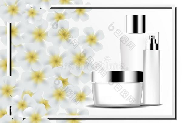 化妆品area海报样板,白色的化妆品放置向白色的花