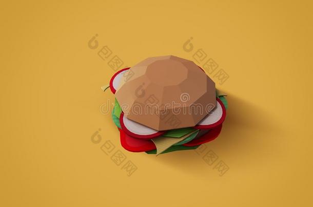 快的食物观念.汉堡包从卡纸板向黄色的背景.英语字母表的第3个字母