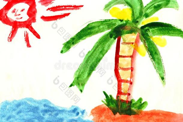 富有色彩的明亮的水彩画小孩描画的沙漠岛和太阳