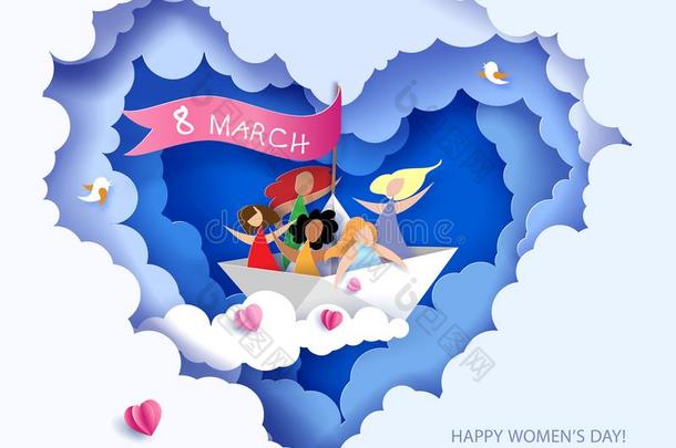 幸福的女人飞行的向纸小船