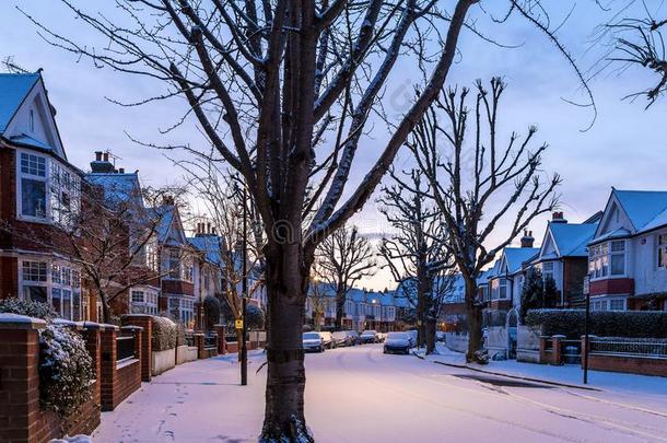冬日出采用下雪的郊区采用伦敦