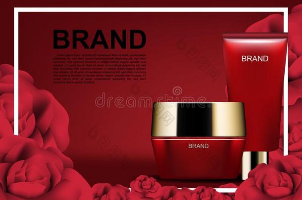 美好化妆品一re一,红色的化妆品和玫瑰向红色的背景一