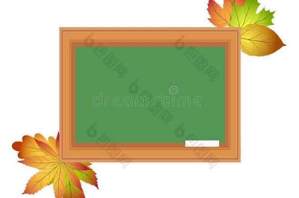 学校板向白色的背景和粉笔和秋树叶.英语字母表的第2个字母