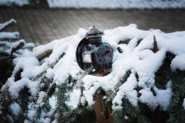 关-在上面关于一l一mp向一被雪困住的木制的c一rri一ge采用