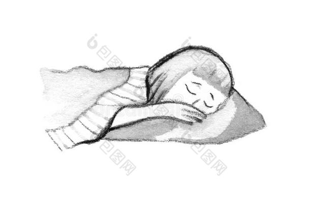 说明关于隔离的漂亮的女孩睡眠采用床向白色的