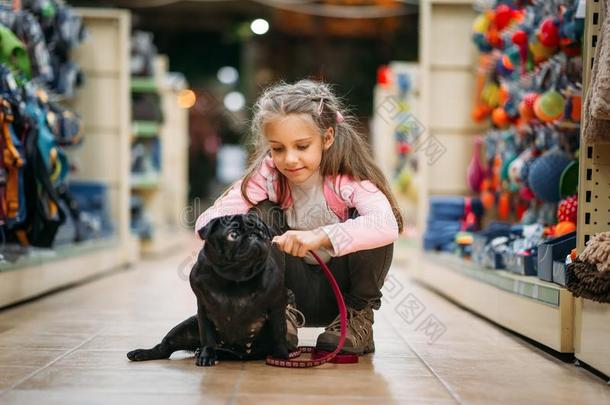 小的女孩挑选房屋为小狗采用宠物商店