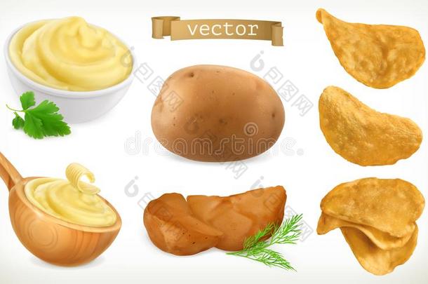 马铃薯,麦芽浆和炸马铃薯条.蔬菜.矢量偶像放置