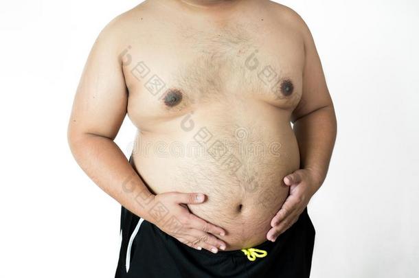 肥的男人,超重的男人和<strong>大</strong>的肚子向白色的背景采用SaoTomePrincipe圣多美和普林西比