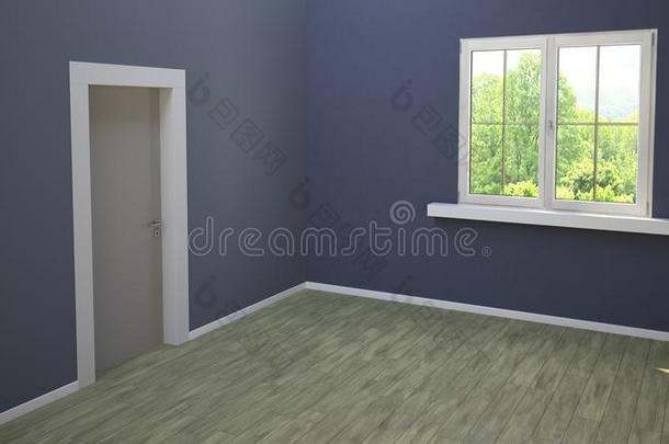 房间和入口门和窗,蓝色墙和光<strong>镶木</strong>地板,