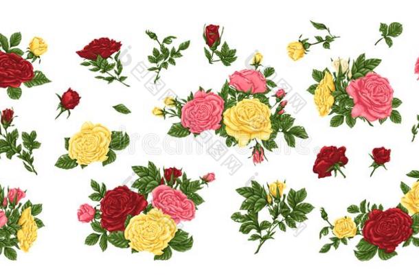 大的放置关于粉红色的,黄色的和红色的玫瑰,花束,花和芽