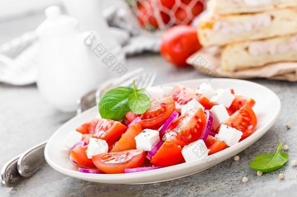 番茄沙拉和新鲜的红色的洋葱和羊乳酪奶酪.健康的伊丁
