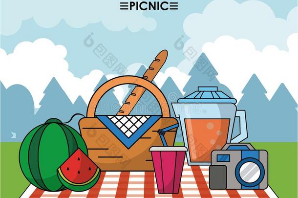 富有色彩的海报关于夏野餐郊游和户外的风景和野餐