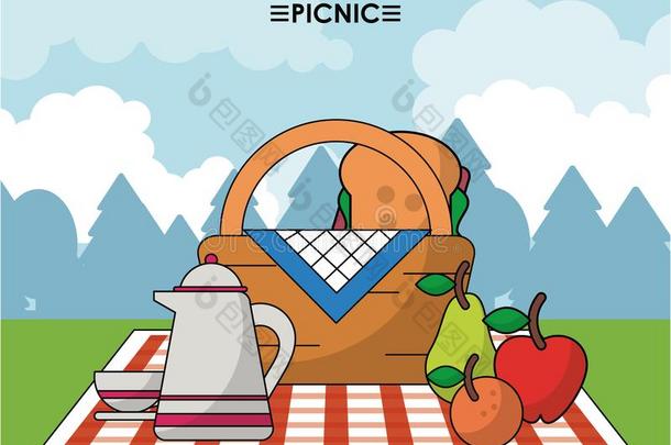 富有色彩的海报关于夏<strong>野餐</strong>郊游和户外的风景和<strong>野餐</strong>
